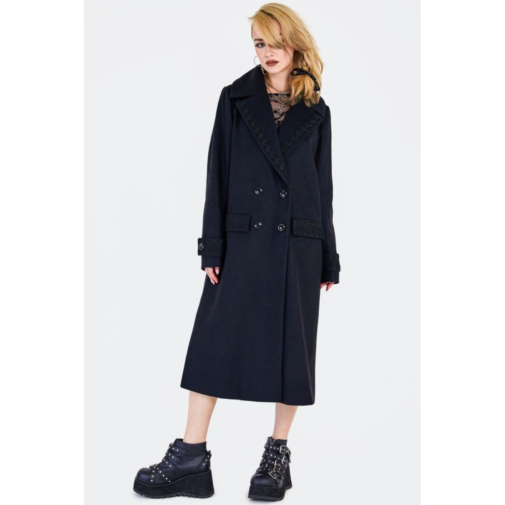 Jawbreaker - Lace Trim Boxy Double Breasted Coat - Black